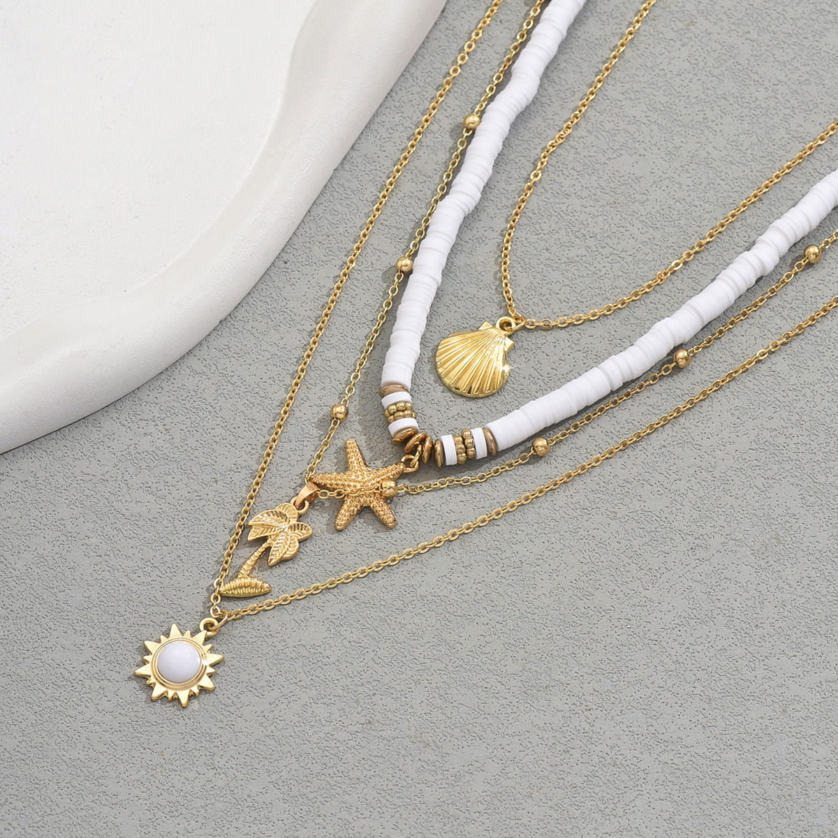 Starfish Shell Pendant Necklace Multi Layer Geometric Ocean Style_voghion.com
