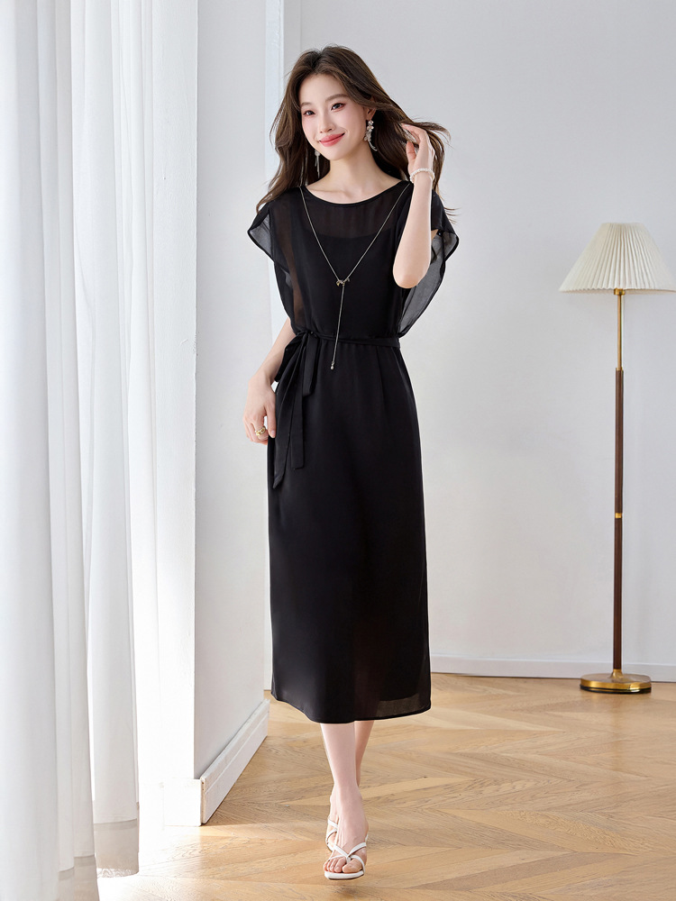 Đầm maxi nữ thắt eo thiết kế tân cổ điển cao cấp — màu đen, Chấm tròn