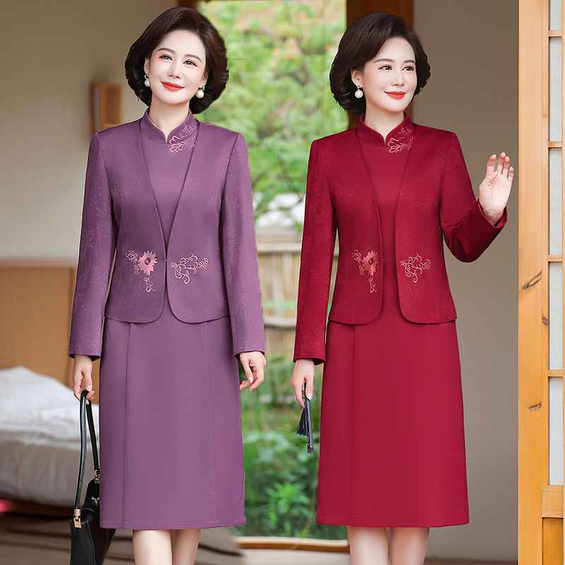喜婆婆の結婚式披露宴用春秋ワンピースドレスセット、新作中年ママ向け秋ファッションワンピースツーピースセット|undefined