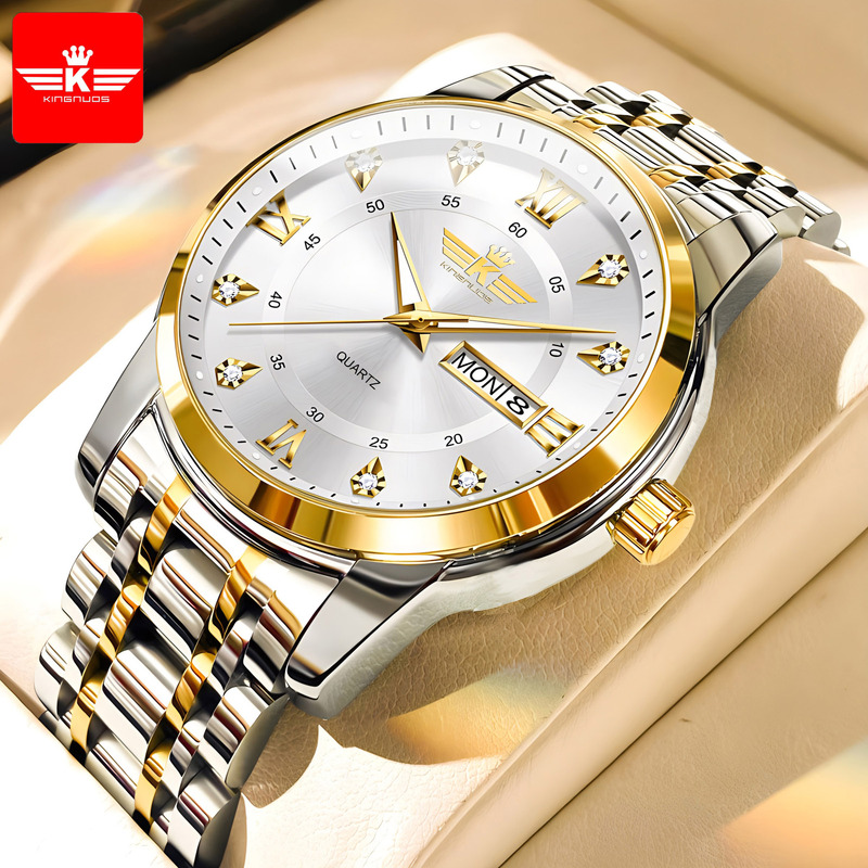 Genuine Men's Dual Calendar Luminous Waterproof Diamond Steel Belt Butterfly Buckle Roman Numeral Watch Douyin Live Broadcast Hot Sale Genuine Men's Dual Calendar Luminous Waterproof Diamond Steel Belt Butterfly Buckle Roman Numeral Watch Douyin Live Broadcast Hot Sale