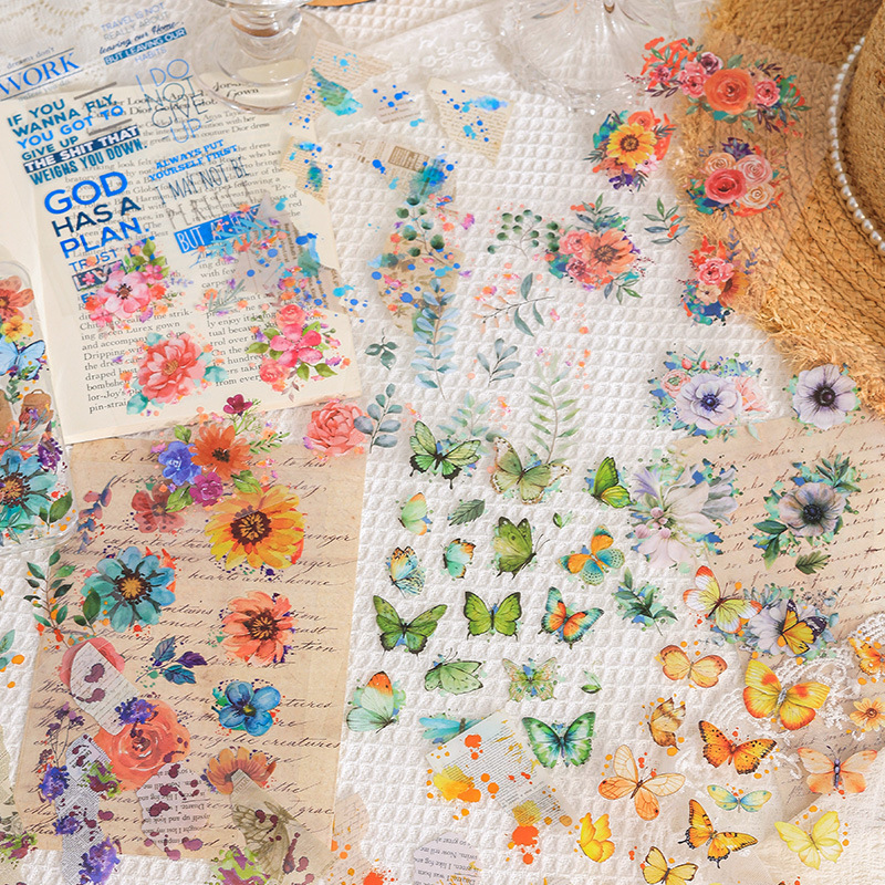 Flores de mariposa hoja verde transparente pegatinas impermeables DIY pegatinas de diario pegatinas florales retro pegatinas de mariposa