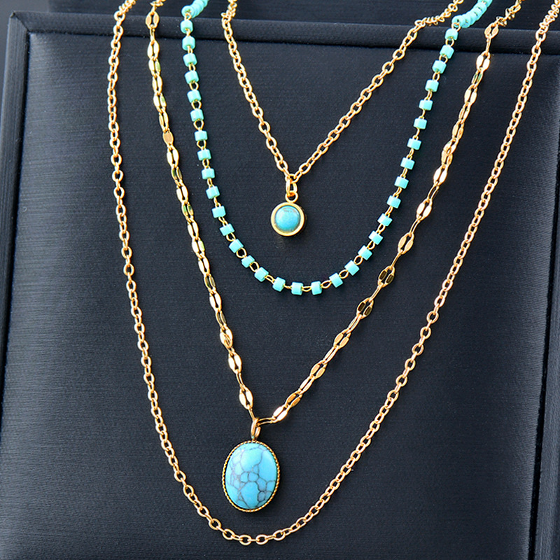 Fashion Round Titanium Steel Inlay Turquoise Layered Necklaces 1 Piece