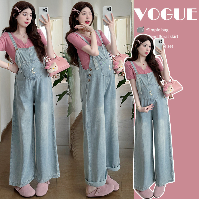 Real Shot of Pregnant Women Going Out Embroidered Overalls 2025 Summer Fashionable Denim Wide-Leg Pants Casual Age-Reducing Suit
