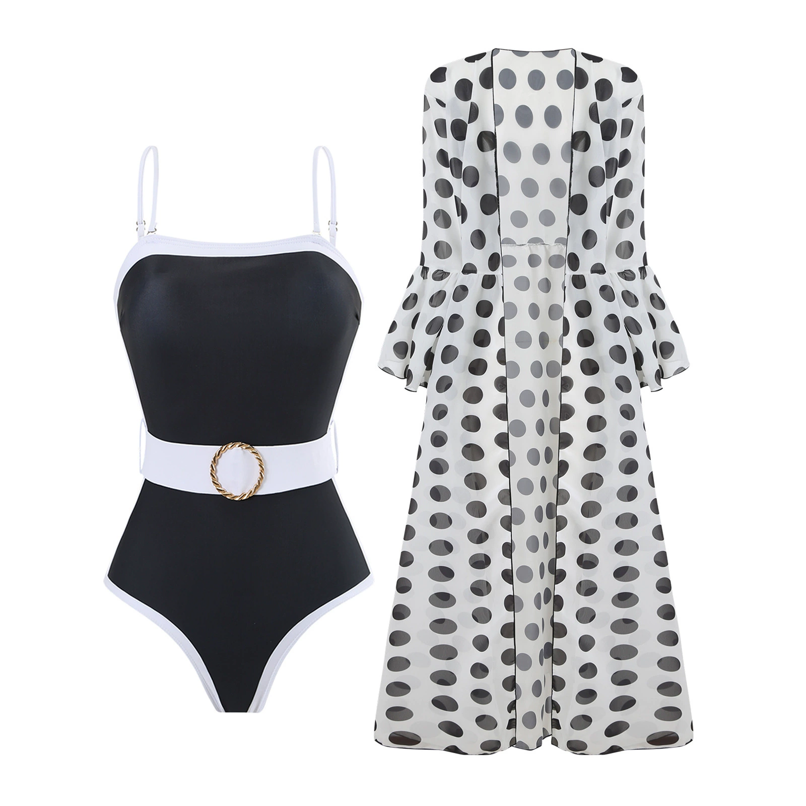 One-Piece Swimsuit (Qiao Jiayuan) 2025 Retro Style with Wrap Skirt, Crane Print, S–XL & One Size