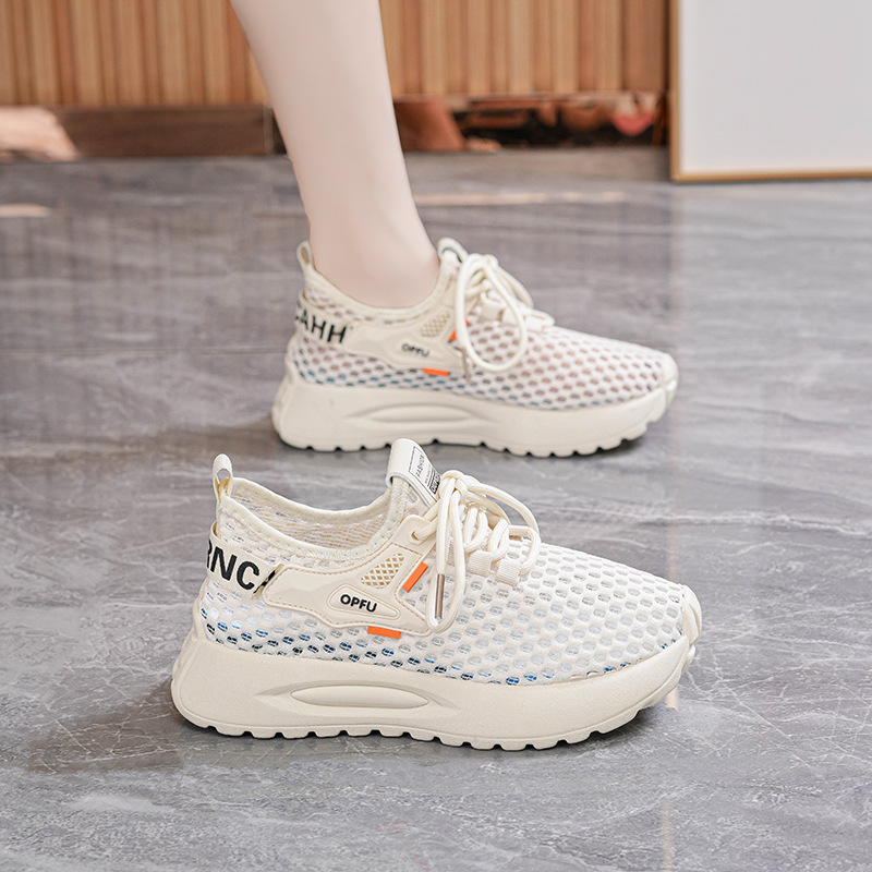 Summer Women's Shoes New Breathable Hollow Mesh Shoes Women's Korean Version Versatile Thick-Soled Fly-Knit Sports Shoes Casual Dad Shoes