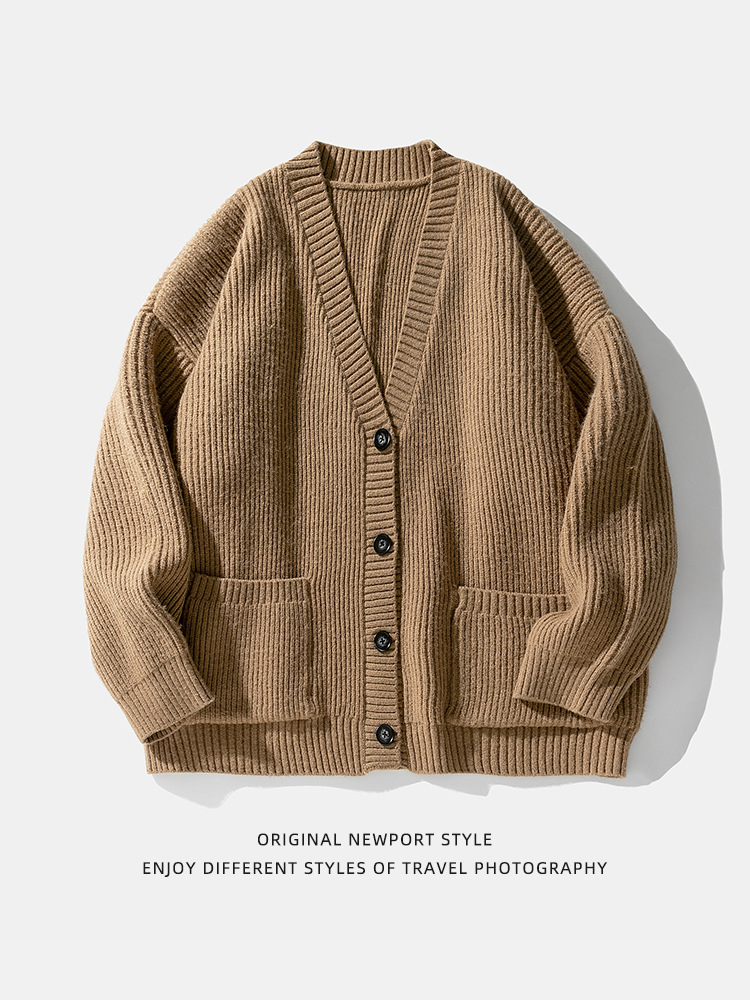 Aguja gruesa textura pesada cardigan suéter hombres Otoño e Invierno Nuevo japonés pareja versátil simple color sólido suéter abrigo