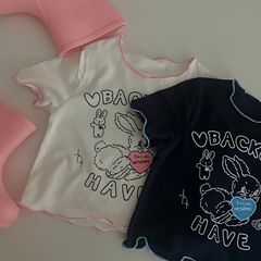 2024 new summer style girls' slim stretch cartoon pullover tops for girls, contrasting color short-sleeved T-shirts, children's slim T-shirts