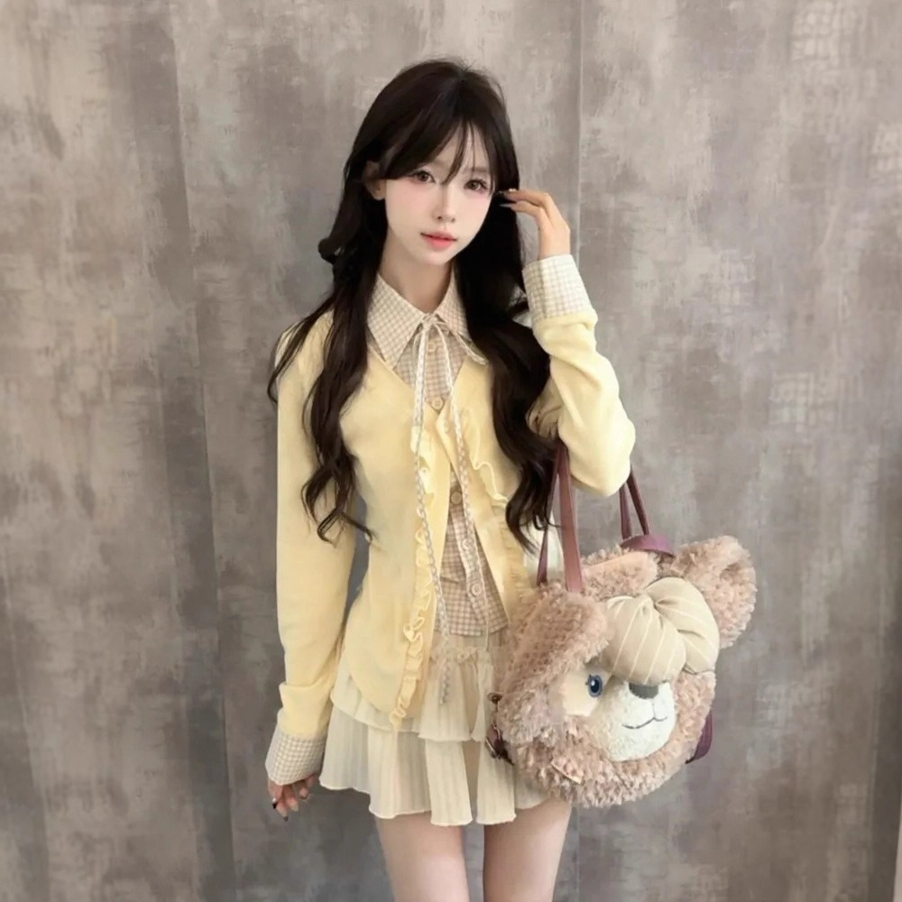 Spring and Autumn 2025 New Gentle and Sweet College Style Suit Skirt Women's Fake Two-Piece Top + Cake Skirt Two-Piece Set