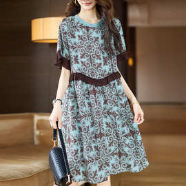 2025夏新民族风印花连衣裙韩版文艺气质宽松荷叶边T恤裙