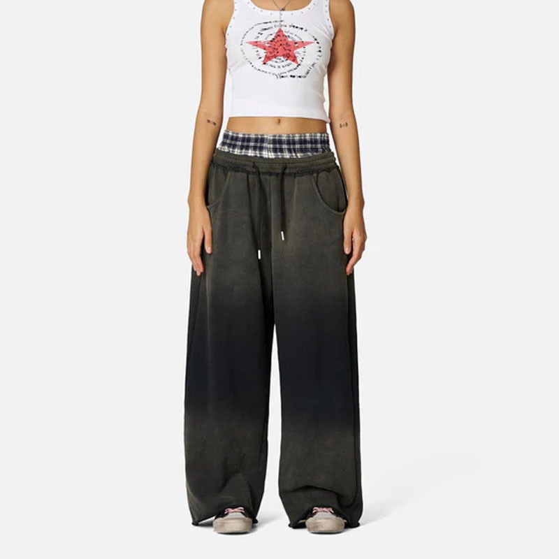 2025 Women's Cross-Border Aesthetic Vintage Loose Long Pants Double Waist Fake Two-Piece Drawstring Wide-Leg Pants Y2K Wholesale Emo 2025 Women's Cross-Border Aesthetic Vintage Loose Long Pants Double Waist Fake Two-Piece Drawstring Wide-Leg Pants Y2K Wholesale Emo