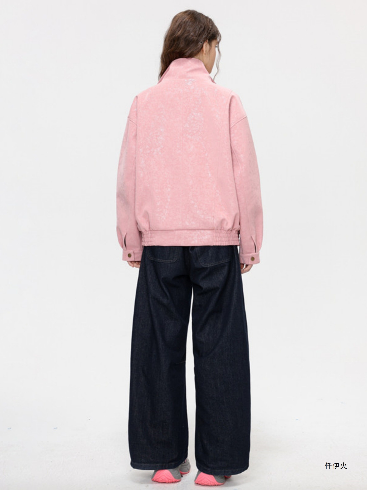 粉色工装外套男美式复古感情侣装夹克秋季潮流宽松立领上衣女