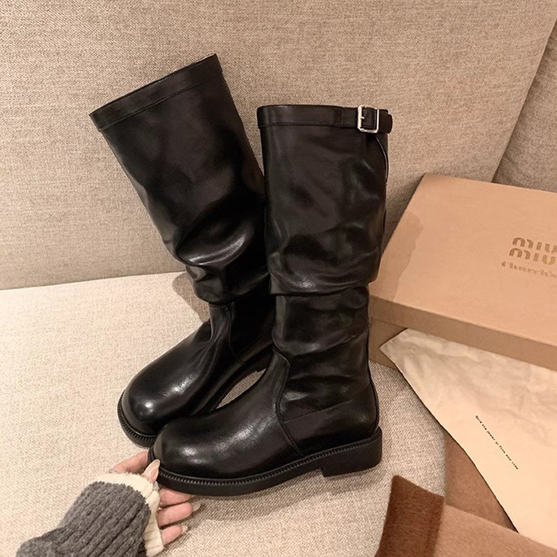 Mismo estilo que los bloggers coreanos~ Botas de media pantorrilla holgadas con tacón grueso, correa con hebilla y punta redonda para mujer, nueva colección otoño/invierno.