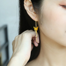 越南沙金蝴蝶长款流苏耳线黄铜镀金车花转运金珠女士气质耳线耳坠