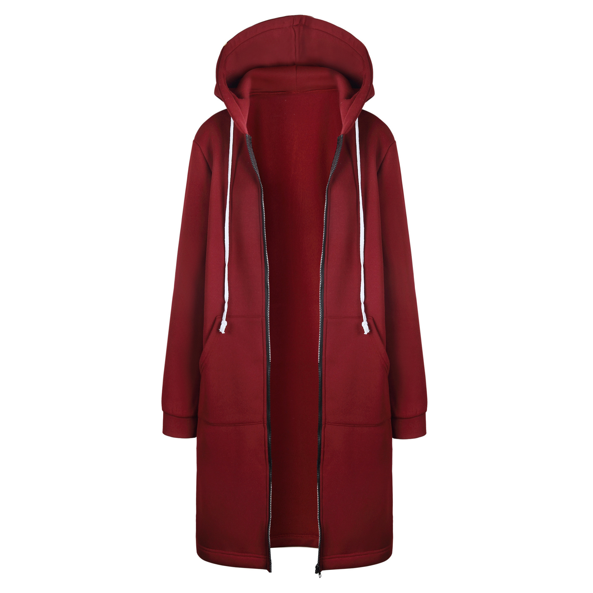 9729 Otoño e Invierno Amazon Venta caliente suéter de las mujeres Mediados de longitud de lana forrada bolsillo con capucha cremallera gabardina mujeres