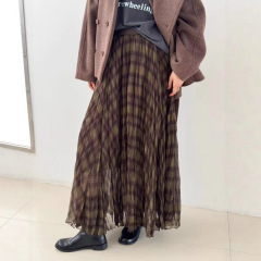 百褶格子半身裙女025秋冬新款高腰显瘦百搭A字裙中长款大摆伞裙子