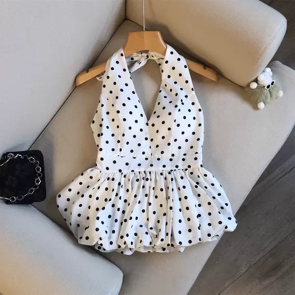 Hot Girl Style Halter Neck V-Neck Polka Dot Tank Top for Women, Summer Outerwear, Waist-Cinching, Sexy Backless Floral Skirt Top