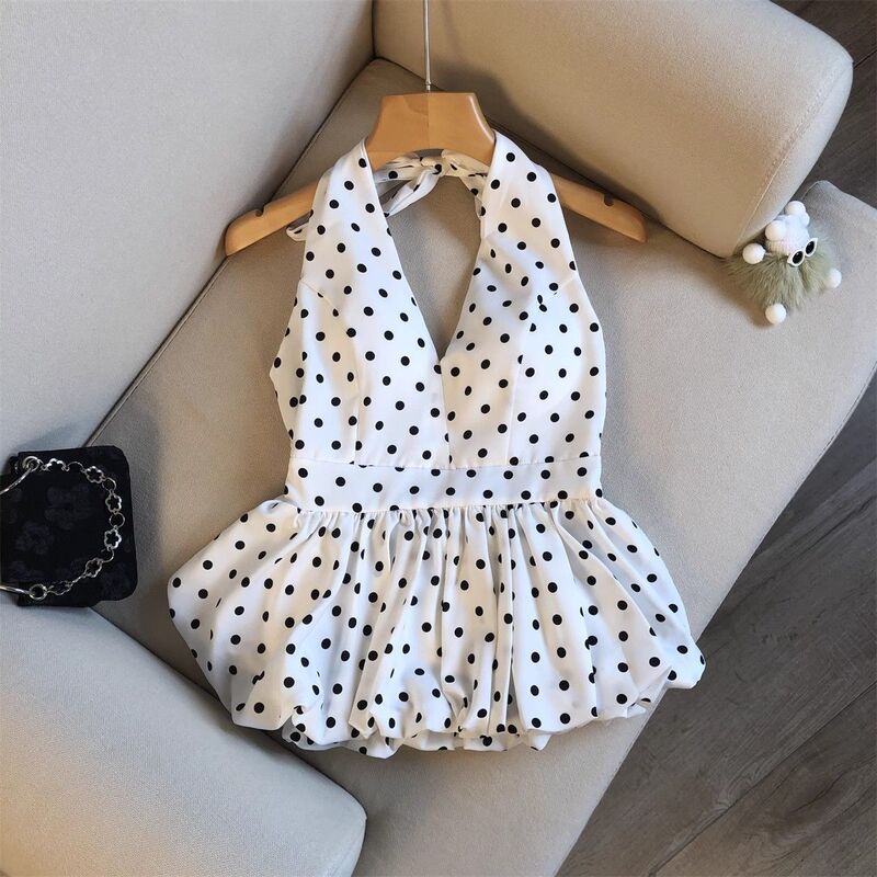 Hot Girl Style Halter Neck V-Neck Polka Dot Tank Top for Women, Summer Outerwear, Waist-Cinching, Sexy Backless Floral Skirt Top