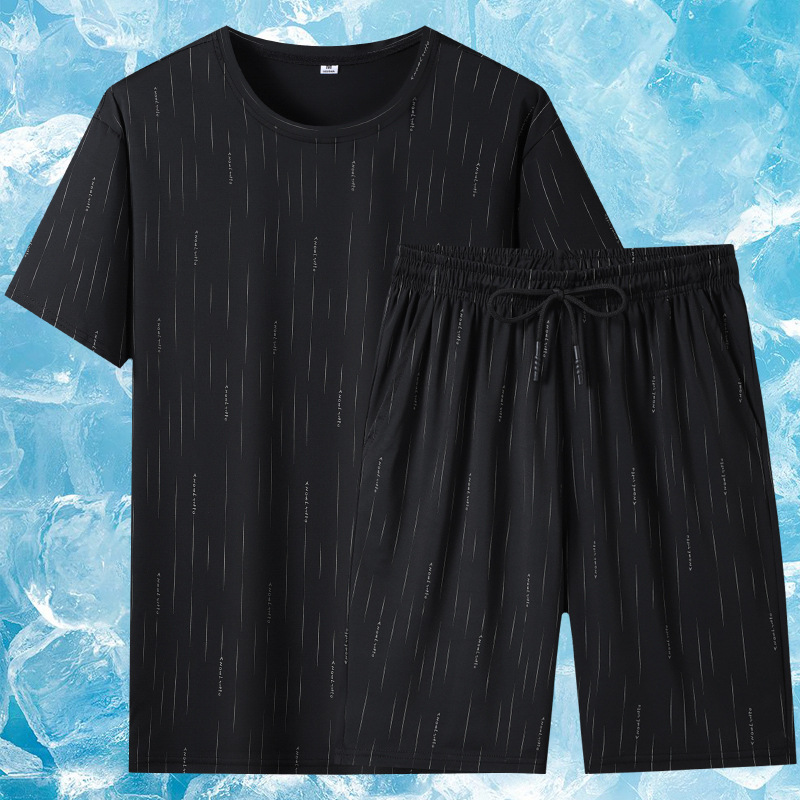 Verano nuevo traje deportivo de hombre delgado pantalones cortos de mangas cortas negras rayas de hielo para hombres tres piezas de manga corta