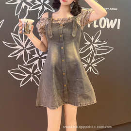 韩版设计感格子拼接复古个性牛仔背带裙女夏季新款宽松显瘦连衣裙