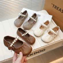 玛丽珍复古儿童单鞋女纯色圆头浅口女童公主鞋一字带珍珠扣小皮鞋