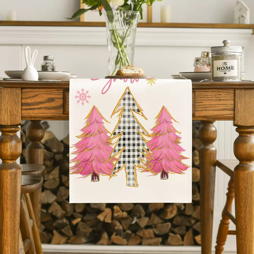 桌旗圣诞粉色圣诞树雪花装饰餐桌厨房装饰节日婚礼派对复古亚麻