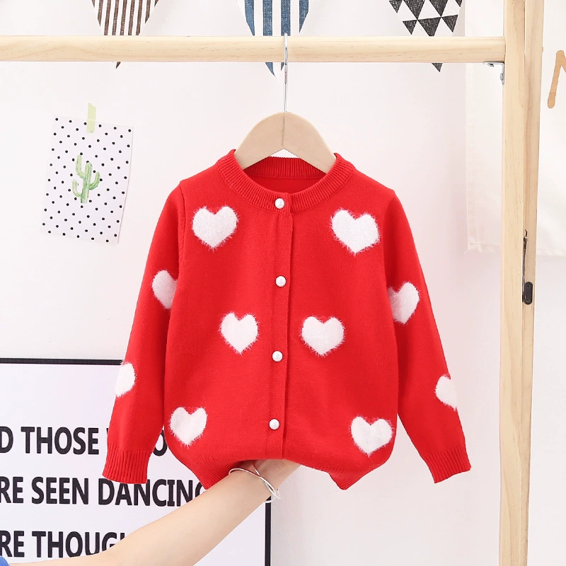 Children's Autumn Cardigan Knit Sweater, Hearts Pattern, Sizes 100–140 cm