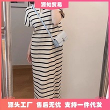 夏季新款翻领简约休闲韩版短袖镂空条纹连衣裙子女小个子批发