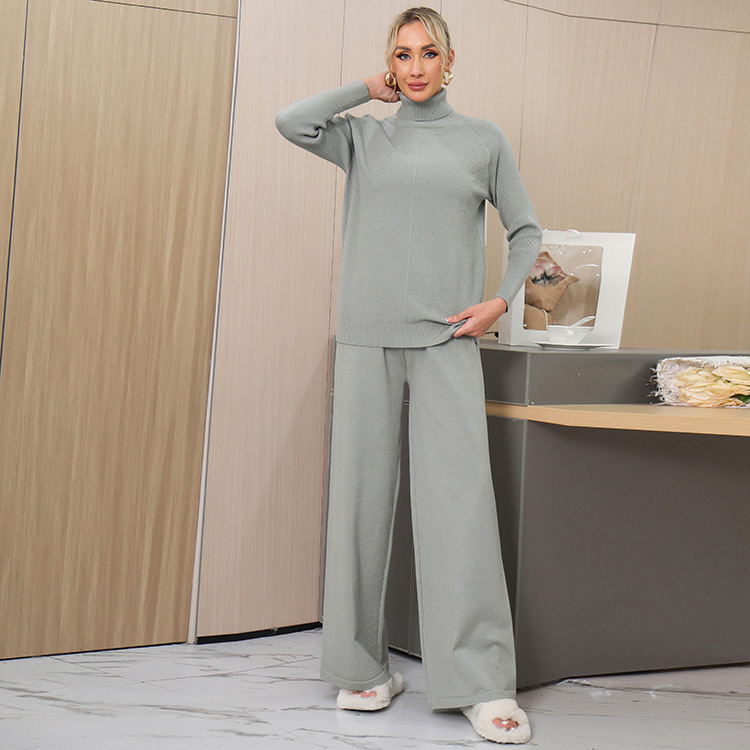 Damen Strickpullover Mit Stehkragen Und Weite Hose Zweiteiler Set_voghion.com