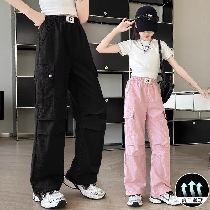 女の子パンツ夏薄いオーバーオール 2025 新しい中型と大型子供ルーズワイドレッグパンツカジュアルパンツトレンディなクロスボーダー|undefined