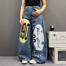 春季新款宽松牛仔裤女大码显瘦休闲哈伦裤复古文艺拼接老爹裤垮裤