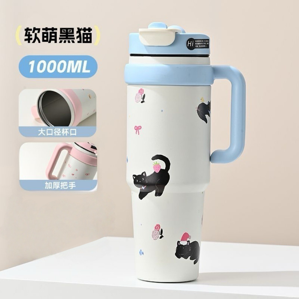 Taza de aislamiento térmico de acero inoxidable 316 de gran capacidad con mango, taza de paja de doble bebida conveniente, taza de agua de automóvil image 14