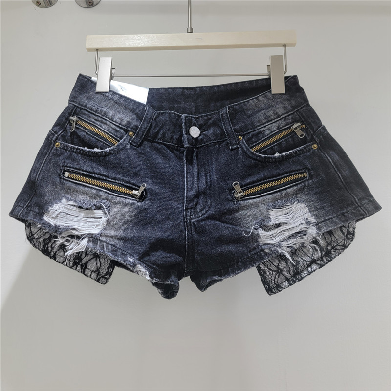 Shorts de Mezclilla con Encaje Empalmado y Cintura Baja con Bolsillos para Verano