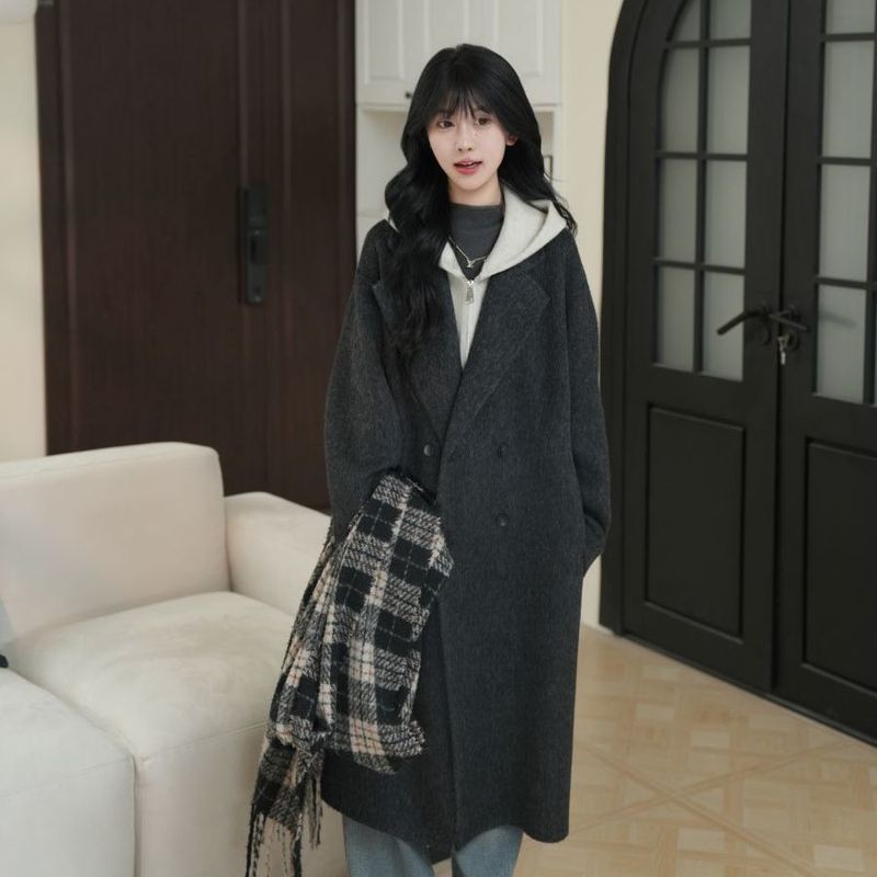 伊迪卡双面羊毛大衣韩系假两件高贵气质百搭长款宽松女装秋冬新款|undefined