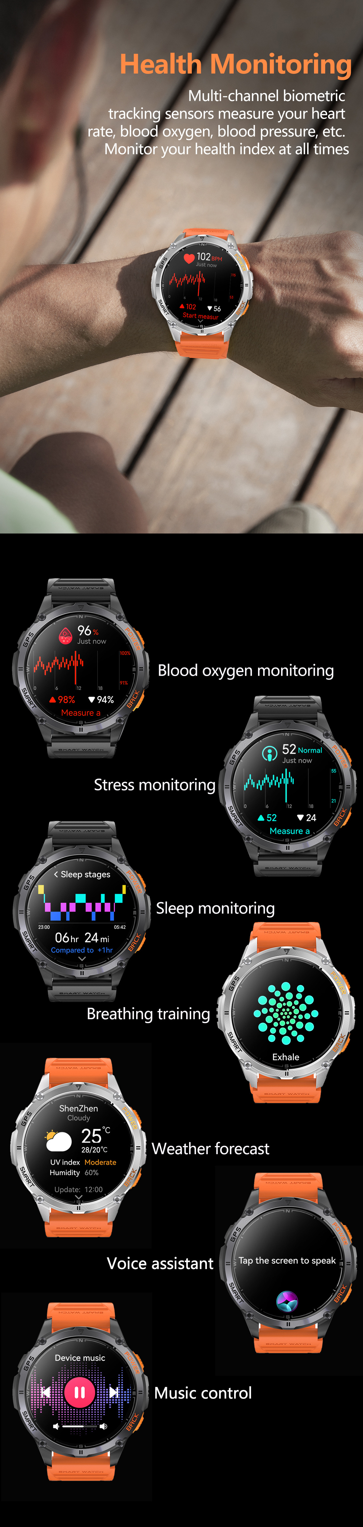 Smartwatch Mit Herzfrequenzmesser Gps Und Bluetooth-anruffunktion_voghion.com