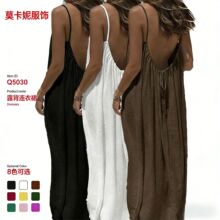 2026亚马逊夏季新款女装云朵棉纯色抽褶露背吊带长裙沙滩度假裙女