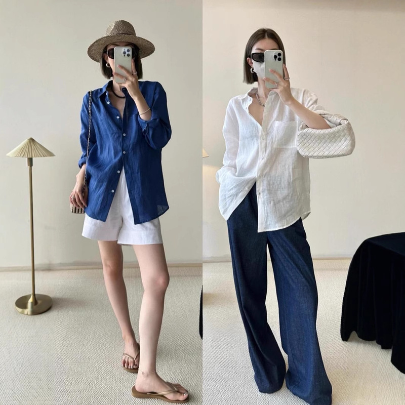 Zhu Zhu Same-style Fixed Dyeing 100% Linen Breathable Exquisite White Loose Three-dimensional Tailored Slim Shirt for Women