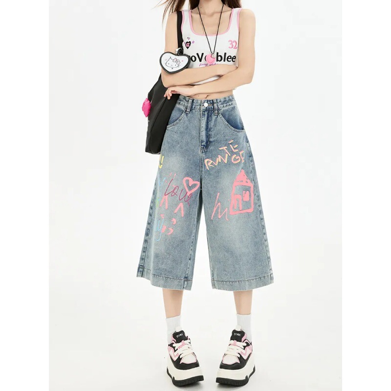 Personalized Graffiti Cute Style Denim Cropped Pants for Women Summer 2026 New Loose Straight Printed Casual Wide-Leg Pants