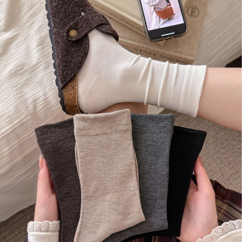 Winter Warm Seamless Socks for Women, Mid-Calf Socks, Autumn and Winter Wool Ins Trendy Solid Color Casual Maternity White Long Socks