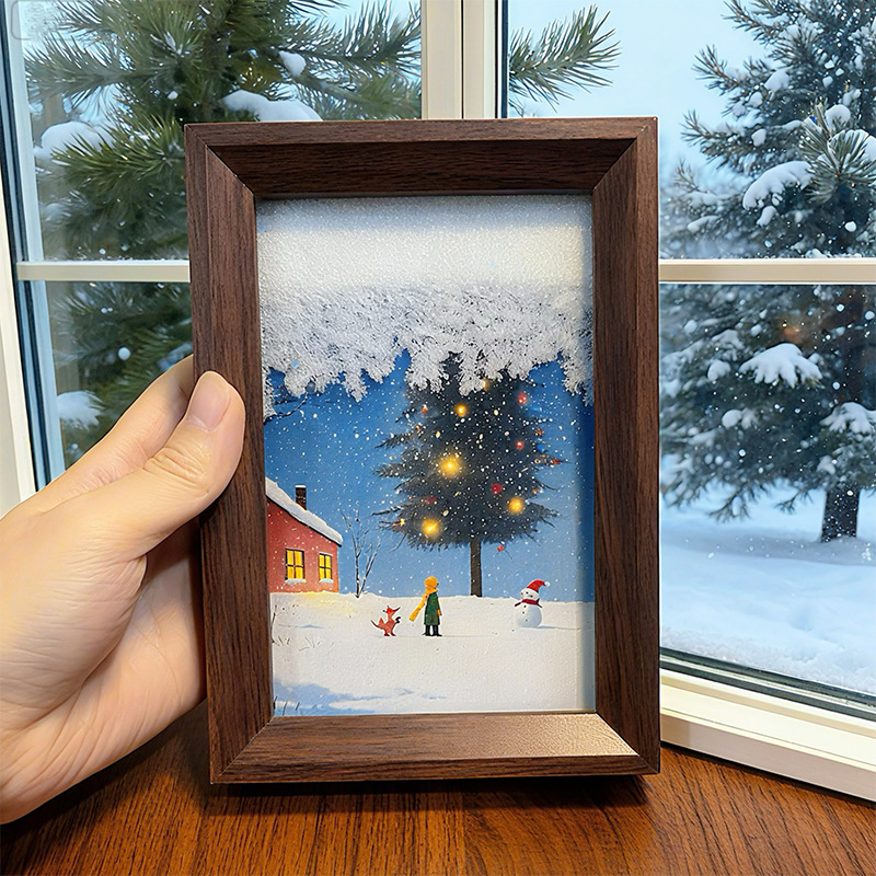 Christmas Romantic Snowy Night Winter Lights Flow Linen Photo Frame Ornaments Christmas Gifts for Couples and Besties Birthday Gifts