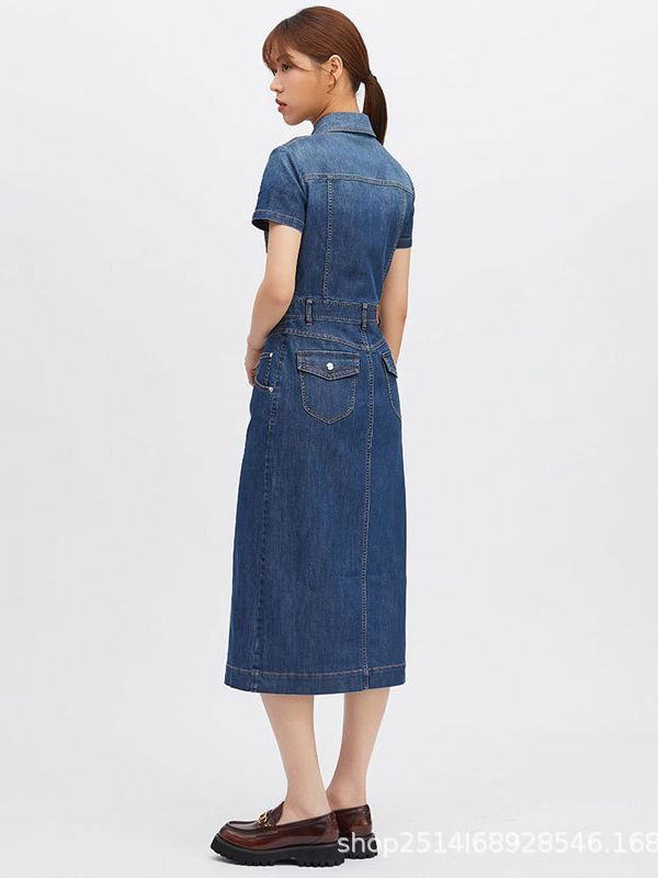 Váy denim dài nữ phong cách cổ điển, thắt eo tôn dáng — Màu xanh lam
