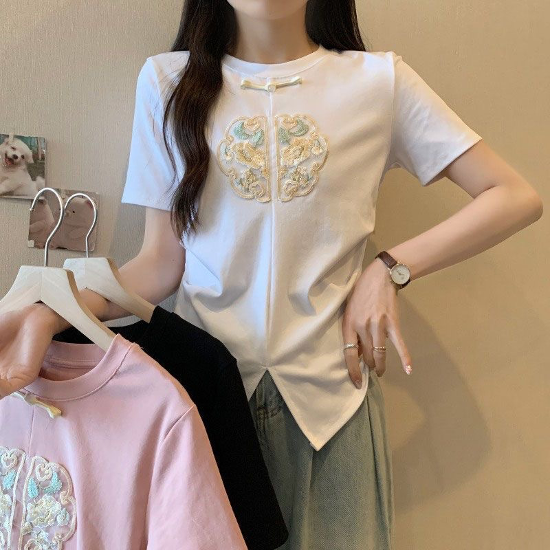 2024 Summer Embroidered Split Short Sleeve Design T-shirt New Chinese style High end Bottom Top_voghion.com