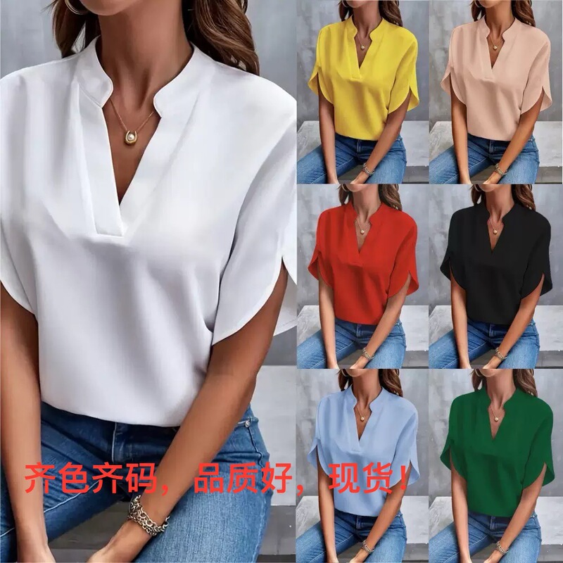 Amazon European and American Cross-Border Foreign Trade Women's Clothing 2026 Fashion Summer Casual Solid Color V-Neck Loose Shirt Top for Women Amazon European and American Cross-Border Foreign Trade Women's Clothing 2026 Fashion Summer Casual Solid Color V-Neck Loose Shirt Top for Women