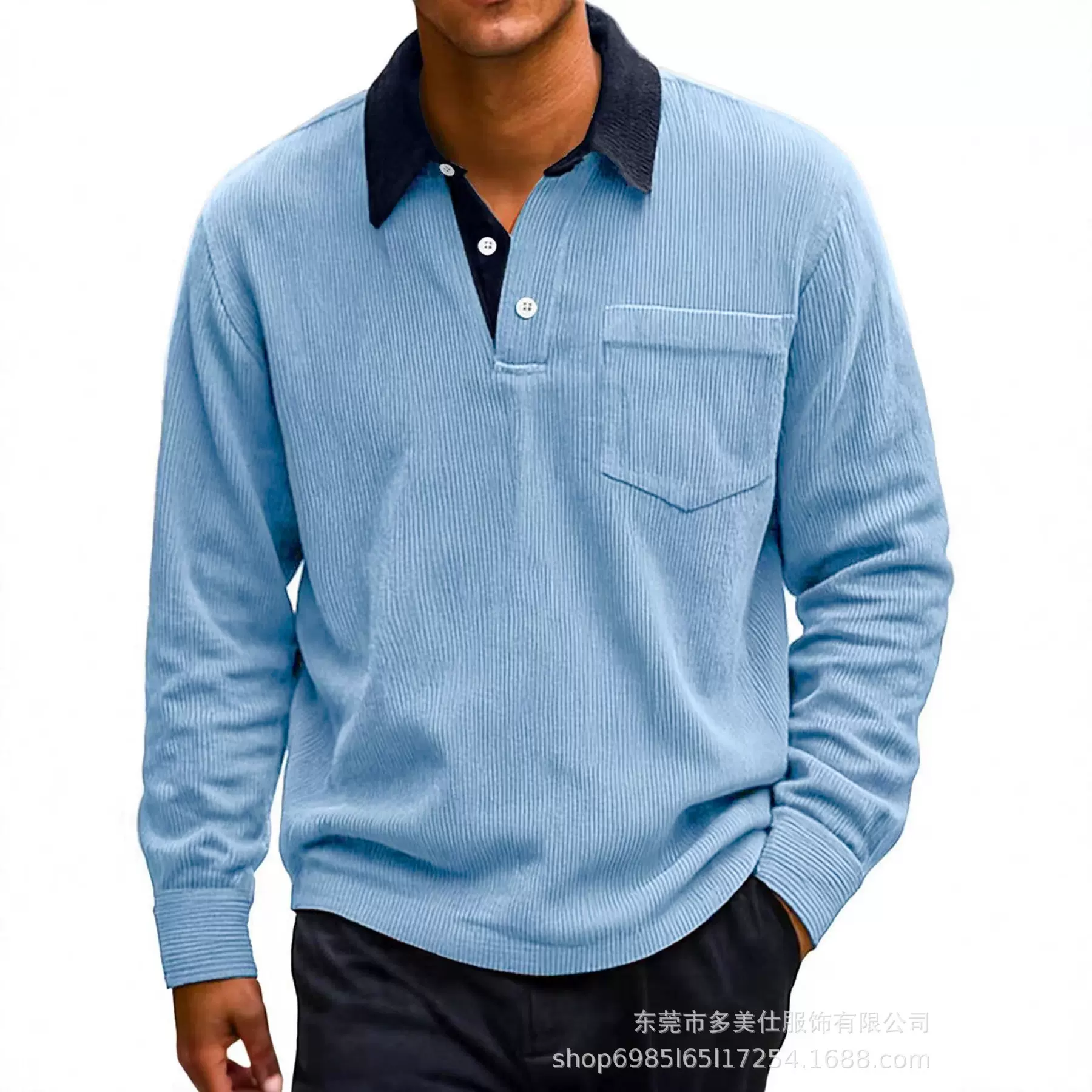 2025欧美秋冬季新款男士复古灯芯绒纽扣口袋拼色休闲长袖Polo衫男