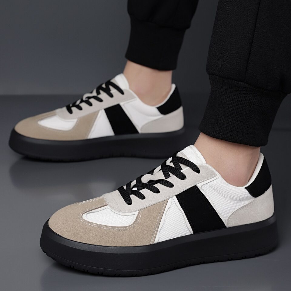 Giày sneaker nam cổ thấp phối màu, mũi tròn, đế cao su, thoáng khí, dây buộc — Màu lạc đà, Màu trắng