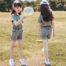 公羽翁女童夏装套装2023新款韩版小学生衣服儿童短袖夏季牛仔短裤