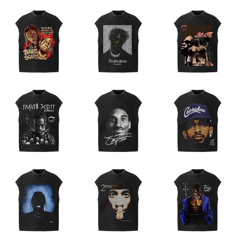 Travis Scott American Retro Character Print Hip-Hop Sleeveless T-Shirt Washed Distressed Vest Vest