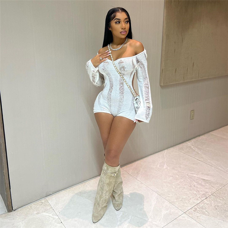 Estilo europeo y americano 2024 nueva primavera ropa de las mujeres moda ripped sexy Low Cut perspectiva backless alta cintura delgada mono