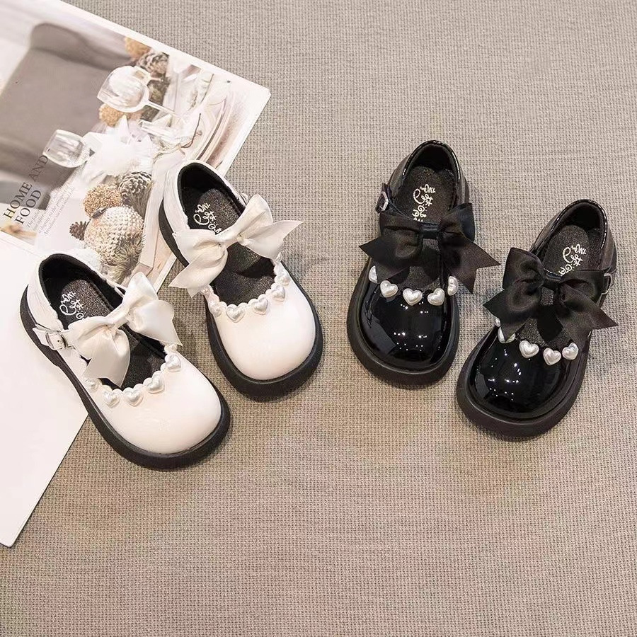 Zapatos de princesa bowknot para niñas, zapatos de cuero negro para niños 2025 nuevo estilo primavera y otoño amor Mary Jane zapatos individuales marea