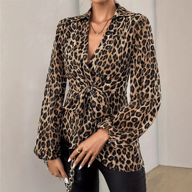 European and American Cross-Border Long-Sleeved Tops Amazon Spring & Fall New Fashion Leopard Print Lace-Up V Neck Elegant Long-Sleeved Lining European and American Cross-Border Long-Sleeved Tops Amazon Spring & Fall New Fashion Leopard Print Lace-Up V Neck Elegant Long-Sleeved Lining