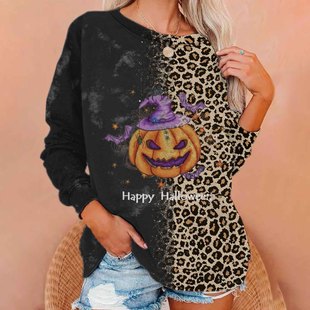 Cross-border European and American fashion women's clothing 2023 autumn new leopard print Halloween funny printed round neck pullover sweater for women